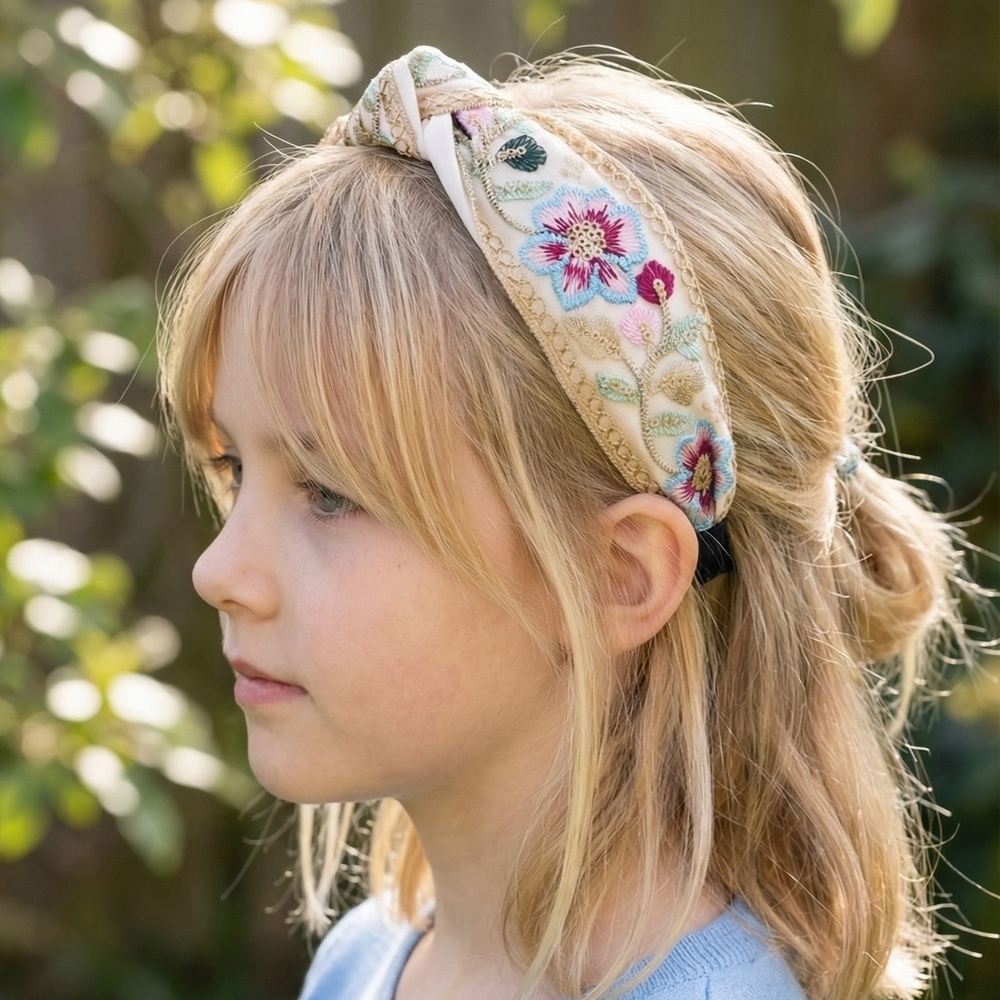 Embroidered Floral Headband - Cream with Pink Blue Flowers Gold Accents